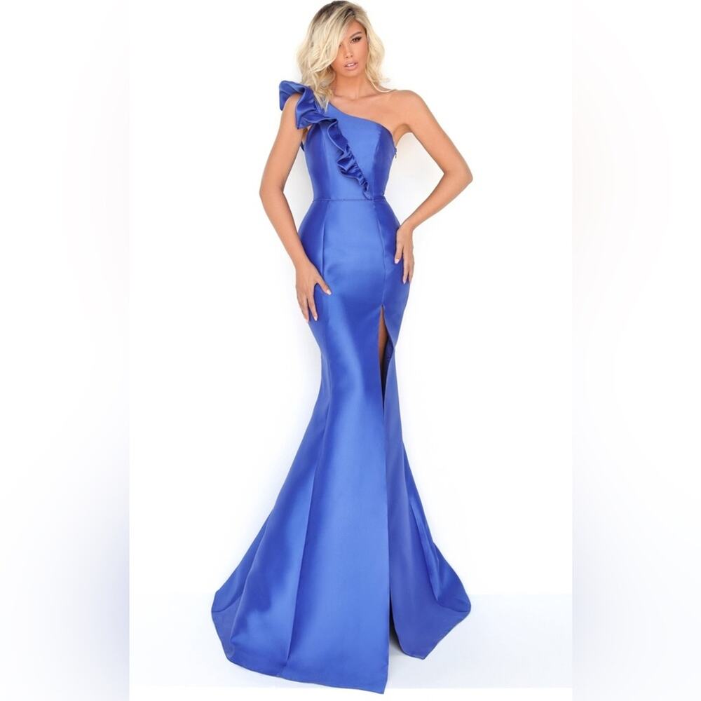 TARIK EDIZ 2 Formal Gown $438 Dress Ruffle One Shoulder Size 2 Royal Blue 50774